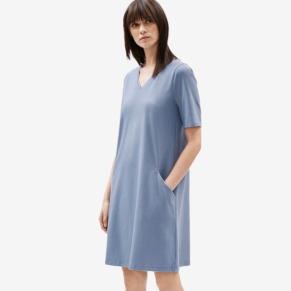 Eileen Fisher Stretch Jersey Dress Size S Blue Cotton Blend Casual Minimalist - Picture 3 of 10